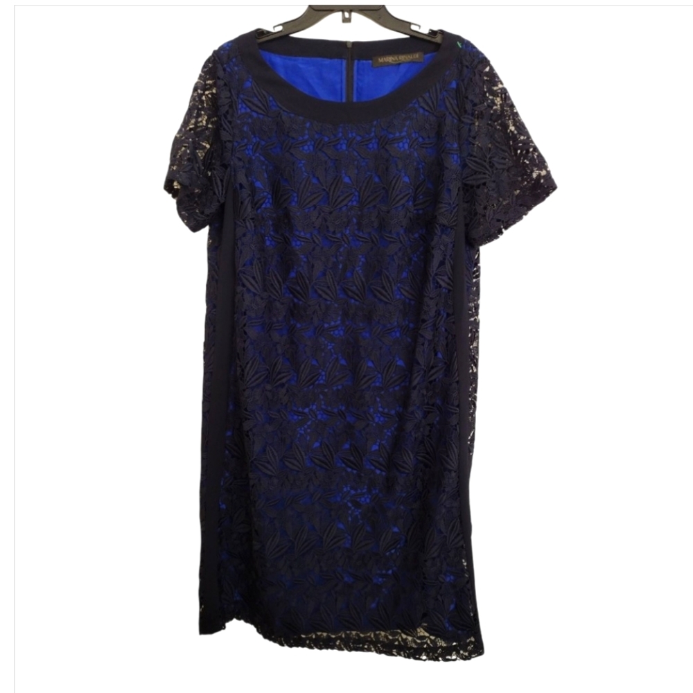 Marina Rinaldi Elegant Blue Lace Overlay Dress Size 12